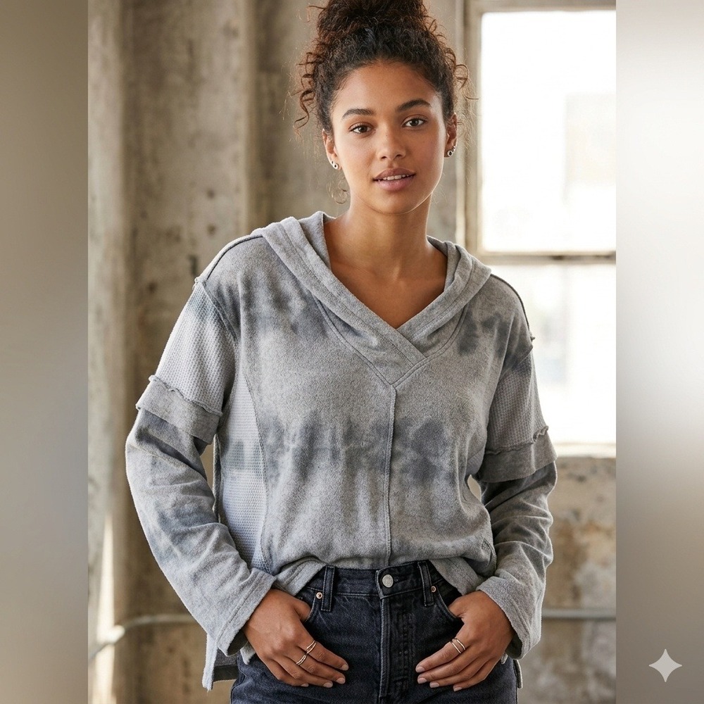 POL Tie Dye Hoodie‎ Pullover Waffle Knit Contrast Gray Large
